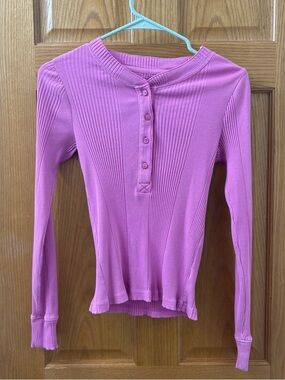 Aerie Ribbed Henley Long Sleeve Top in Pink Size Women’s Small